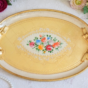 Gold Florentine Tray with Hand-Painted Floral Bouquet – Oval Vintage Italian Accent with Bows