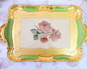Rechteckiges Tablett mit Griffen, grüngoldenes Blumen-Catchall-Dekor, italienischer Florentiner-Stil
