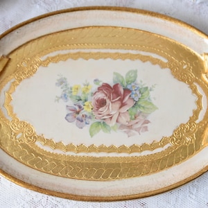 Cream and Gold Florentine Oval Tray with Floral Center and Ribbon Handles – Hand-Painted Italian Serving or Vanity Tray