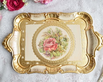 Rectangular Jewelry Tray with Handles, Gold Floral Vanity Organizer, Italian Florentine Style