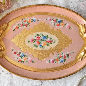 Oval Pink Florentine Tray with Colorful Hand-Painted Flowers and Gold Motif – Italian Shabby Chic Decor