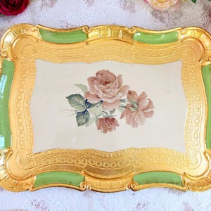 Green Florentine Tray with Pink Roses – Vintage Italian Baroque Serving Tray – Hand-Painted Gilded Decor for Romantic Tea Table