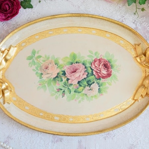 Oval White Florentine Tray with Pink Roses and Gold Bows – Vintage Italian Handmade Romantic Shabby Chic Decor