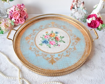 Vassoio rotondo da tavolino con bordo rialzato, vassoio decorativo dorato, vassoio da portata fiorentino italiano, elegante centrotavola, stile vintage