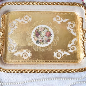 Gold Baroque Florentine Tray – Italian Vintage Serving Tray with Roses – Romantic Tea or Dessert Tray, Hand Painted