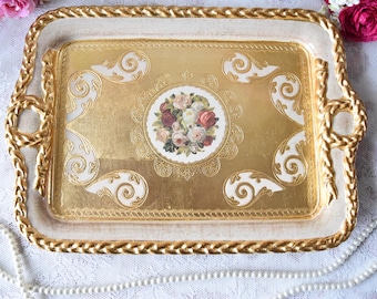 Gold Vanity Tray with Handles, Rectangular Jewelry Tray, Italian Florentine Perfume Tray, Elegant Dresser Organizer, Vintage Style Decor
