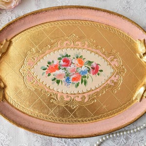 Oval Pink Florentine Tray with Colorful Hand-Painted Flowers and Gold Motif – Italian Shabby Chic Decor