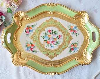 Serviertablett mit Blumenmuster, Grün und Gold Florentiner Stil