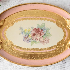 Oval Pink Florentine Tray with Roses and Gold Bows – Italian Vintage Baroque Floral Tray for Shabby Chic or Tea Party Decor