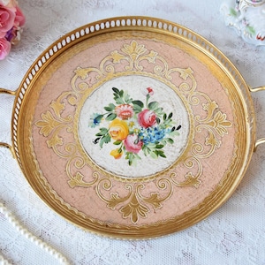 Pink Round Florentine Tray with Handles – Vintage Italian Gilt Wood Tray with Floral Bouquet and Rococo Design