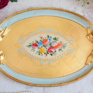 Aqua Blue Gold Florentine Tray with Hand-Painted Flowers – Oval Vintage Italian Decorative Accent