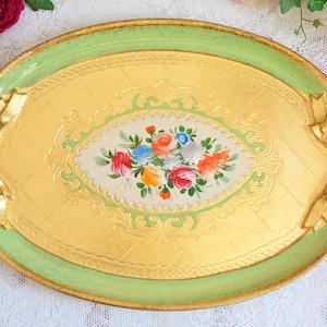 Green Florentine Tray with Colorful Floral Medallion – Hand-Painted Vintage Italian Oval Tray with Gold Leaf and Bows