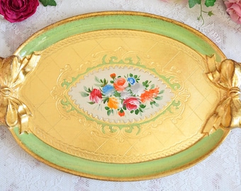 Vintage Florentiner Tablett - Handbemalte Blumen, Blattgold Bögen
