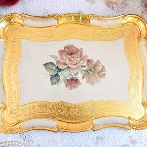 White Florentine Tray with Pink Roses – Vintage Italian Serving Tray with Gilded Detailing – Baroque Home Decor for Tea Time