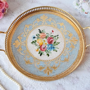 Blue Round Florentine Tray with Handles – Vintage Italian Gilt Wood Tray with Floral Painting and Rococo Detailing
