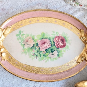 Oval Florentine Tray with Pink Roses – Italian Vintage Serving Tray with Gold Bows – Romantic Shabby Chic Décor