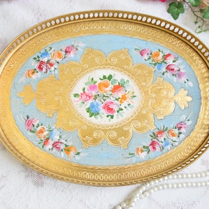 Blue Florentine Serving Tray with Handles – Vintage Oval Italian Tray with Gold Baroque Motif and Hand-Painted Floral Design