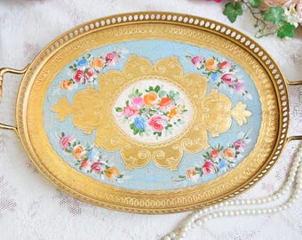 Oval Coffee Table Tray with Handles, Gold Decorative Tray, Italian Florentine Serving Tray, Vintage Style Centerpiece Decor