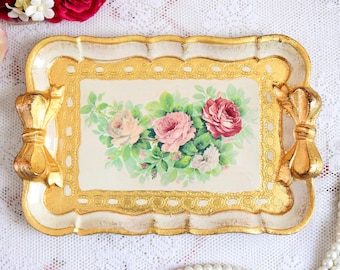 Rectangular Perfume Tray with Handles, Gold Vanity Tray, Italian Florentine Jewelry Tray, Elegant Dresser Organizer, Vintage Decor