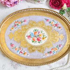 Lavender Florentine Tray with Handles – Vintage Italian Oval Serving Tray with Hand-Painted Floral Bouquet & Gilded Frame