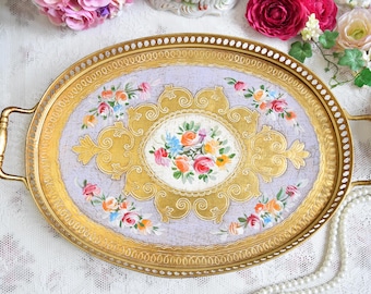 Oval Perfume Tray with Handles, Gold Vanity Tray, Italian Florentine Jewelry Tray, Romantic Dresser Decor, Vintage Style Gift for Her