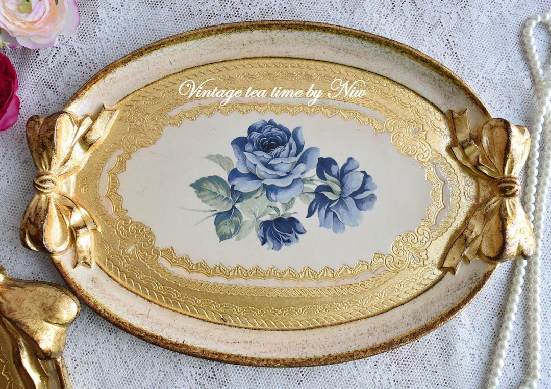 Oval Handled Serving Tray With Blue Roses, Gold Italian Florentine ...