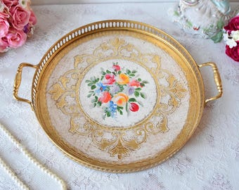 Gold Perfume Tray with Handles, Round Vanity Tray, Italian Florentine Jewelry Tray, Decorative Dresser Tray, Vintage Style Gift for Her
