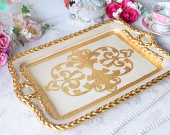 Rectangular Ottoman Tray with Handles, Gold Decorative Serving Surface, Italian Florentine Style