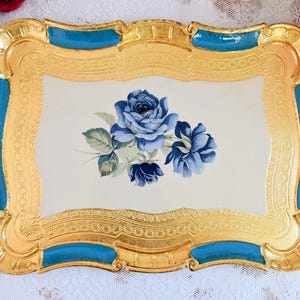 Blue Florentine Tray with Gilded Detailing – Hand Painted Roses – Italian Vintage Decor – Baroque Accent – Serving or Tea Time Tray