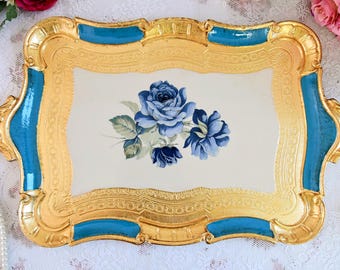 Blue Florentine Tray – Vintage Italian Decor with Hand-Painted Roses