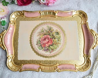 Rectangular Coffee Table Tray with Handles, Gold Decorative Serving Tray, Italian Florentine Tray, Vintage Style Centerpiece