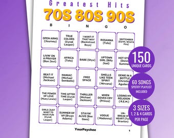 Cartelle del Bingo Musicale dei Grandi Successi degli anni '70, '80 e '90 Gioco del Bingo Musicale Stampabile Bingo Musicale degli anni '80 Bingo Musicale degli anni '90 Playlist Spotify Download Immediato