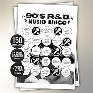 Bingo de música R&B de los 90, tarjetas de bingo musical, juego de bingo musical, bingo imprimible, bingo de música de los 80, bingo de música de los 90, lista de reproducción de Spotify para descarga instantánea