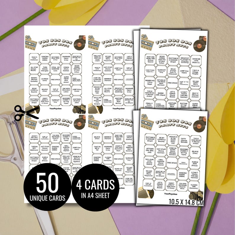 70s 80s 90s Party Hits Bingo Game Cards Music Bingo Game Card Music Party Game Card Unique Cards Printable Digital Download Spotify Playlist image 5