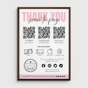 Scan-to-pay-bord Canva-sjabloon, minimalistisch roze bewerkbaar QR-code-betaalbord, printbaar betaaldisplay voor bakkerijen, kleine bedrijven en thuisbakkers