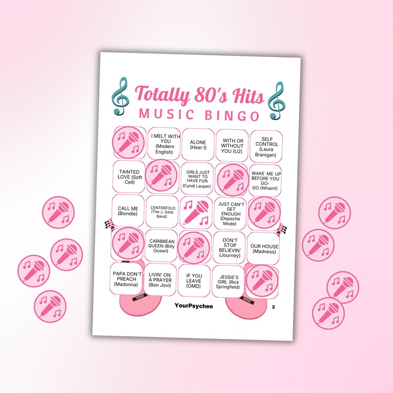 Pu&ograve; includere: Una scheda di gioco Totally 80's Hits Music Bingo con una griglia di titoli di canzoni e nomi di artisti, decorata con note musicali color ottanio e icone di microfoni rosa. Il set include diversi gettoni rosa con grafiche di microfoni.