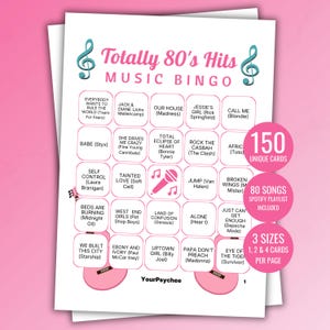 Cartelle del Bingo musicale anni '80 Gioco del Bingo musicale stampabile Bingo musicale anni '80 Bingo musicale anni '90 Playlist Spotify Download immediato Gioco per feste immagine 1