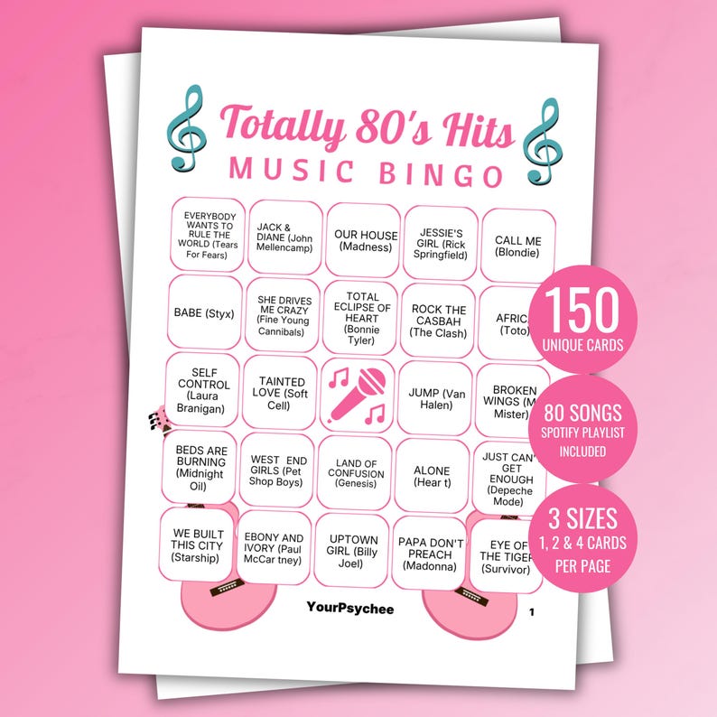 Cartelle del Bingo musicale anni '80 Gioco del Bingo musicale stampabile Bingo musicale anni '80 Bingo musicale anni '90 Playlist Spotify Download immediato Gioco per feste immagine 1