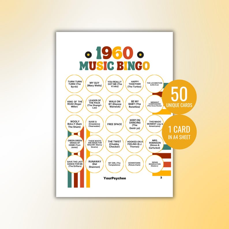 60s Music Bingo Cards 1960s Music Bingo Game Printable Bingo 60s Music Bingo 60s Retro Bingo 60s Bingo Spotify Playlist Instant Download image 5