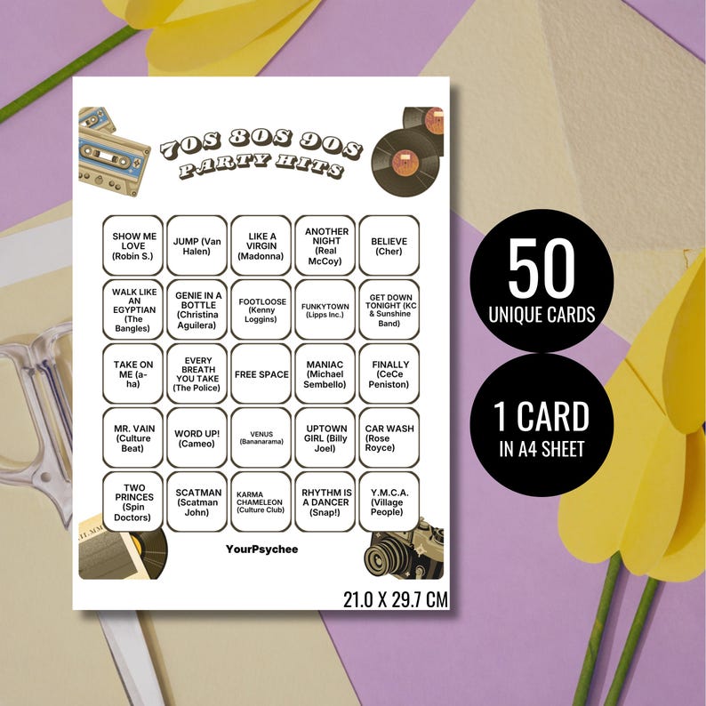 70s 80s 90s Party Hits Bingo Game Cards Music Bingo Game Card Music Party Game Card Unique Cards Printable Digital Download Spotify Playlist image 4