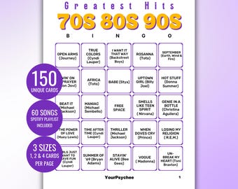 70s 80s 90s Greatest Hits Music Bingo Cards Music Bingo Game Printable Bingo 80s Music Bingo 90s Music Bingo Spotify Playlist Instant Downlo