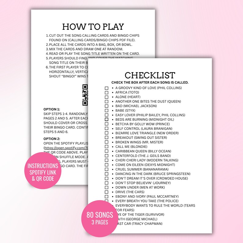 Pu&ograve; includere: Due fogli di carta bianchi con testo nero per un gioco di bingo musicale. Un foglio mostra le istruzioni intitolate HOW TO PLAY e un codice QR. Il secondo foglio presenta una CHECKLIST di titoli di canzoni con caselle per segnare i brani.