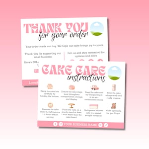 Pink White Cake Care Instruction Insert For Bakers, Cake Care Label, Cake Cutting Guides, Handling Guides and Serving Guide Canva Template