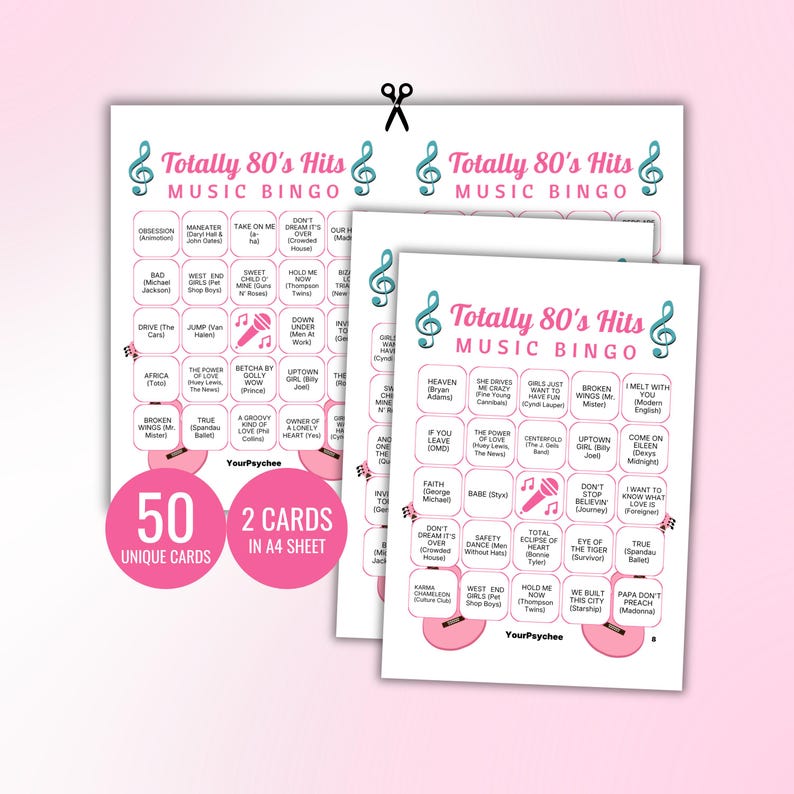 Pu&ograve; includere: Un set di carte da gioco Totally 80's Hits Music Bingo stampate su carta bianca. Ogni carta presenta una griglia con titoli di canzoni e nomi di artisti, un'icona di microfono e grafiche di chitarre rosa. Due badge circolari rosa indicano 50 unique cards e 2 cards in A4 sheet.