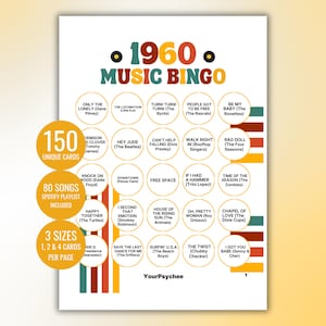 60s Music Bingo Cards 1960s Music Bingo Game Printable Bingo 60s Music Bingo 60s Retro Bingo 60s Bingo Spotify Playlist Instant Download image 1