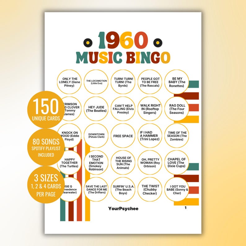 60s Music Bingo Cards 1960s Music Bingo Game Printable Bingo 60s Music Bingo 60s Retro Bingo 60s Bingo Spotify Playlist Instant Download image 1