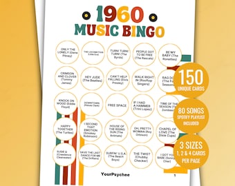 Cartelle del Bingo musicale anni '60 Gioco del Bingo musicale anni '60 Bingo stampabile Bingo musicale anni '60 Bingo retrò anni '60 Bingo anni '60 Playlist Spotify Download immediato