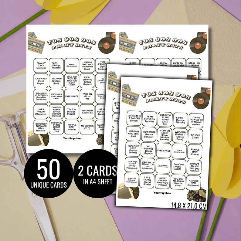 70s 80s 90s Party Hits Bingo Game Cards Music Bingo Game Card Music Party Game Card Unique Cards Printable Digital Download Spotify Playlist image 6