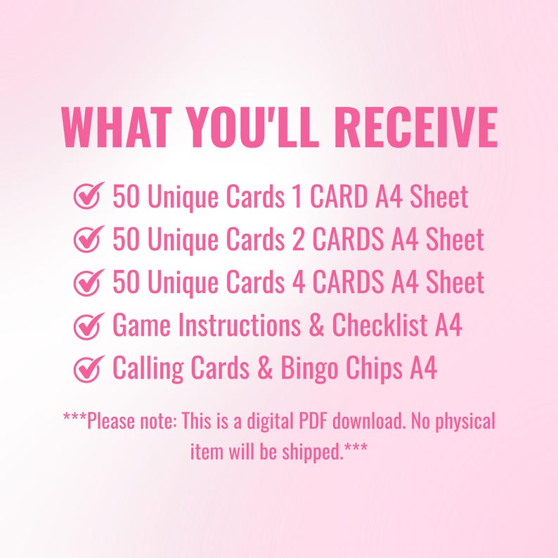 Pu&ograve; includere: Un'infografica per il download digitale con sfondo rosa chiaro e testo rosa scuro. L'intestazione recita WHAT YOU'LL RECEIVE, seguita da un elenco di articoli tra cui 50 carte uniche in vari formati di foglio A4, istruzioni di gioco e fiches.
