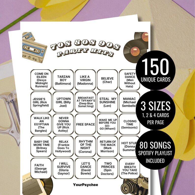 70s 80s 90s Party Hits Bingo Game Cards Music Bingo Game Card Music Party Game Card Unique Cards Printable Digital Download Spotify Playlist image 1